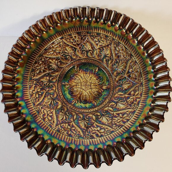 Fenton Carnival Glass Bowl Iridescent Ruffled Edge Hearts Pattern 11" Bowl - Picture 3 of 12